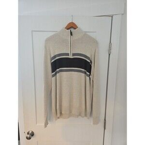 #172 Eddie Bauer Men's XL 1/4 Zip 100% Cotton Beige/Gray/Brown striped Sweater